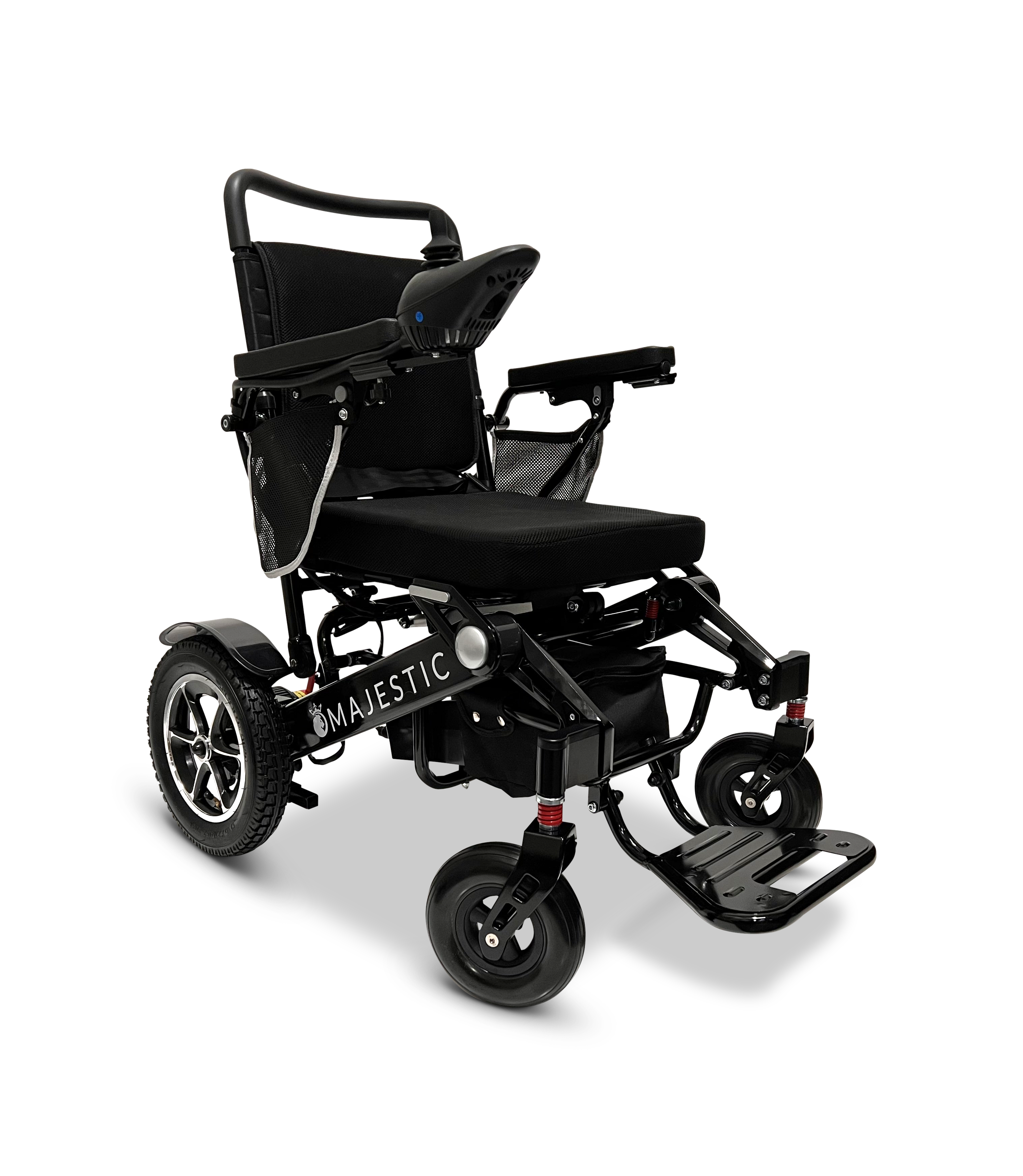 The MAJESTIC IQ-7000 Remote Controlled Electric Wheelchair offers a sleek, lightweight design with a black frame and seat. It is equipped with large rear wheels, smaller front wheels, armrests, and a joystick control for easy maneuvering. The auto-folding footrest adds to its convenience, making it ideal for effortless mobility.